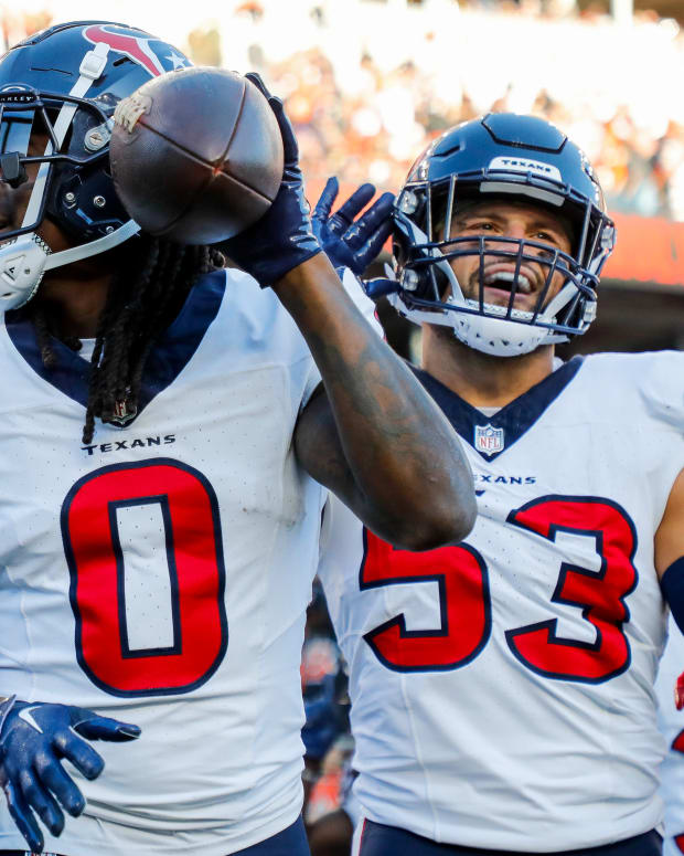 Nov 12, 2023; Cincinnati, Ohio, USA; Houston Texans cornerback Shaquill Griffin (0) reacts after intercepting the ball against the Cincinnati Bengals in the second half at Paycor Stadium.